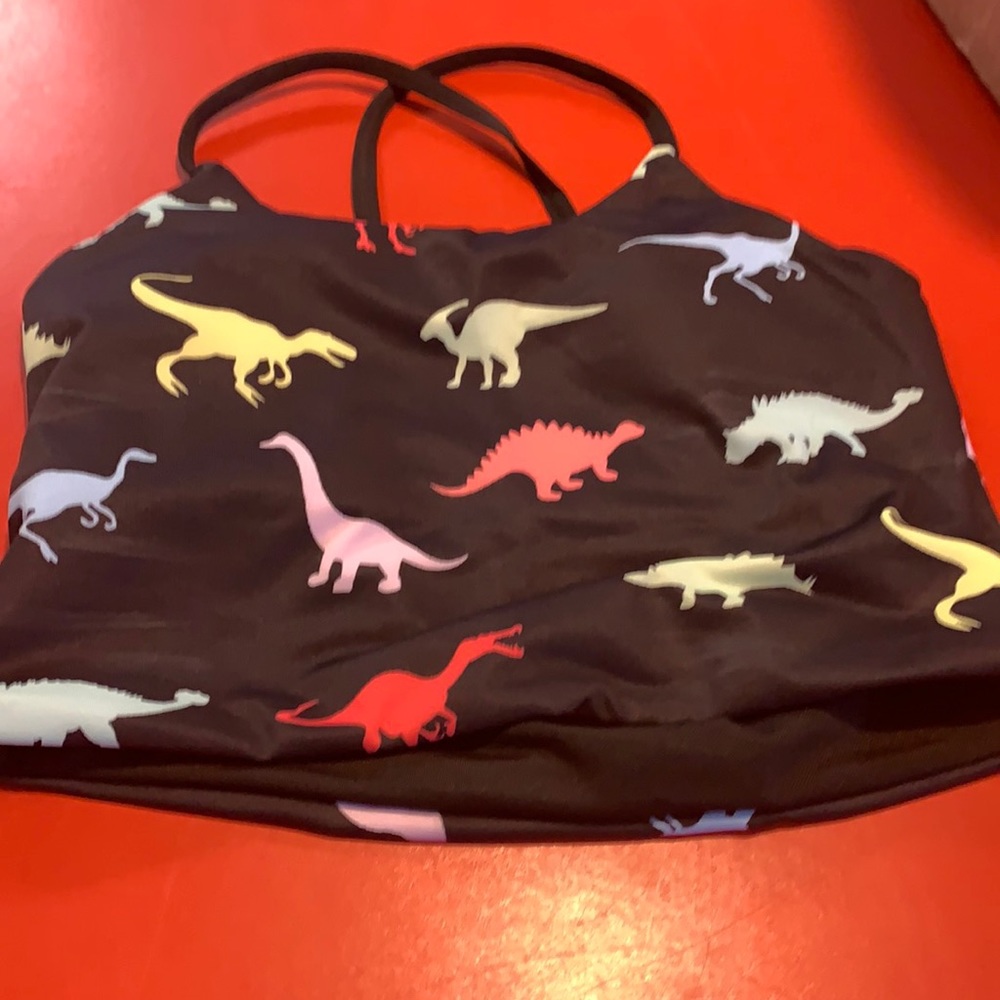 Black sports bra with colorful dinosaurs